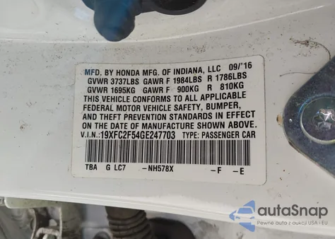 2016 Honda Civic Lx z USA, uszkodzony, nr VIN 19XFC2F54GE247703